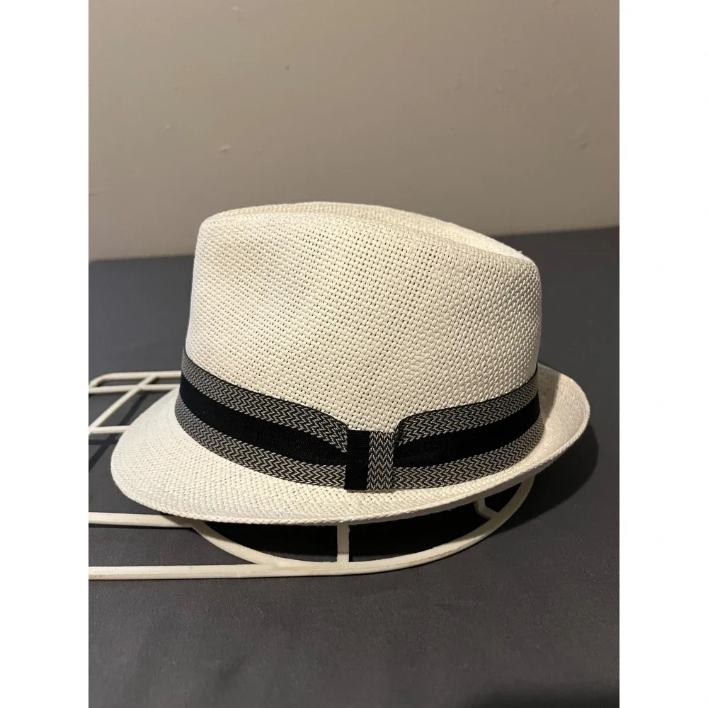 JCPenney‎ Mens Ivory White Straw Fedora Hat Black Ribbon Band S/M 12078-2